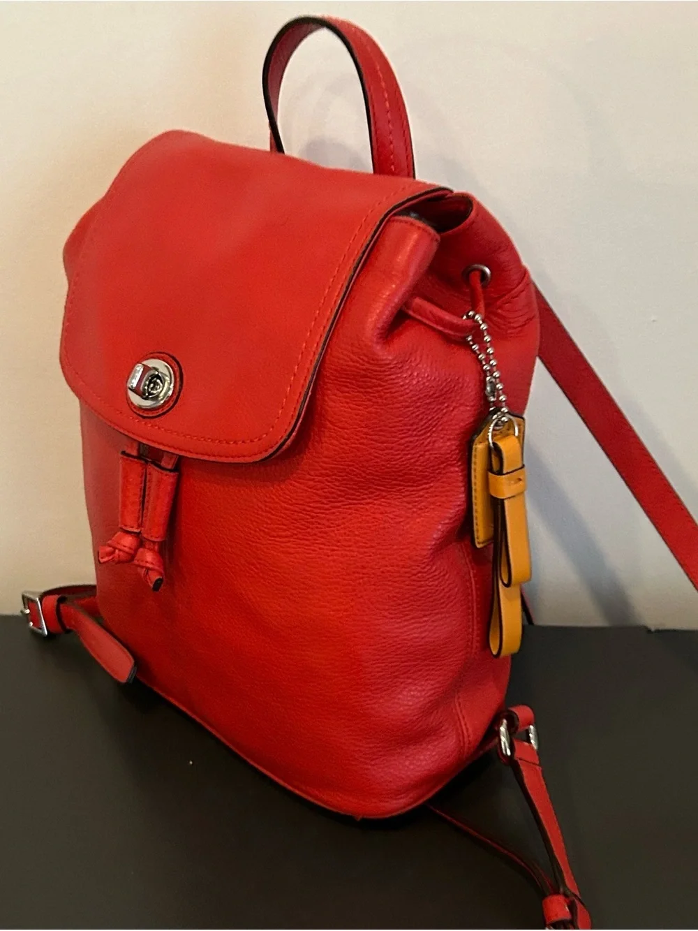 Coach Red Pebbled Leather Turnlock Drawstring Backpack Top Handle F24385